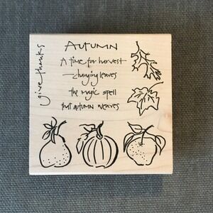Autumn Harvest‎ Rubber Stamp Wood Block Craft Leaves Pumpkin Thanks Quote